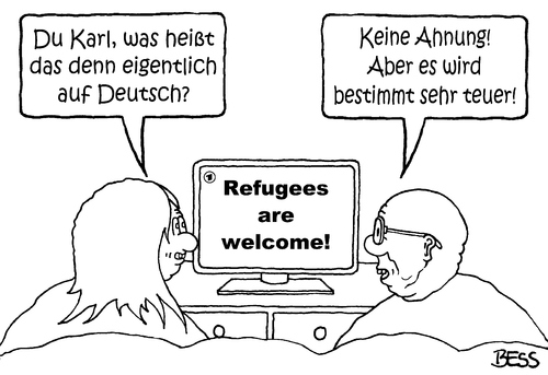 Cartoon: keine Ahnung (medium) by besscartoon tagged asyl,geld,euro,refugees,are,welcome,willkommen,flüchtlinge,flüchtlingsdrama,flüchtlingssoli,syrien,deutschland,politik,bess,besscartoon