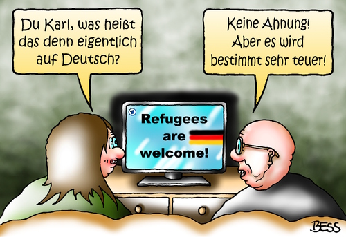 Cartoon: keine Ahnung (medium) by besscartoon tagged asyl,geld,euro,refugees,are,welcome,willkommen,flüchtlinge,flüchtlingsdrama,flüchtlingssoli,syrien,deutschland,politik,bess,besscartoon