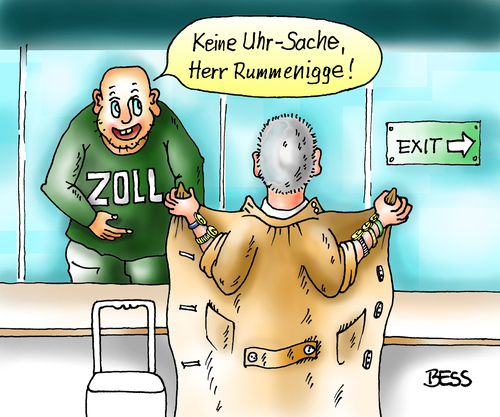 Cartoon: Keine Uhr-Sache... (medium) by besscartoon tagged rummenigge,zoll,uhr,uhren,steuerhinterziehung,betrug,fc,bayern,münchen,korruption,geld,bess,besscartoon