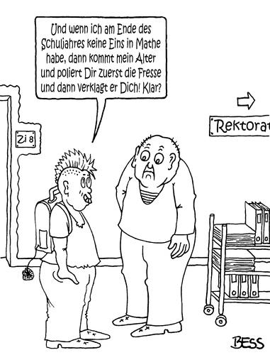 Cartoon: Klartext (medium) by besscartoon tagged schule,pädagogik,lehrer,noten,zeugnis,mathe,versetzung,konflikt,gewalt,pauker,schüler,hauptschule,realschule,gymnasium,bess,besscartoon