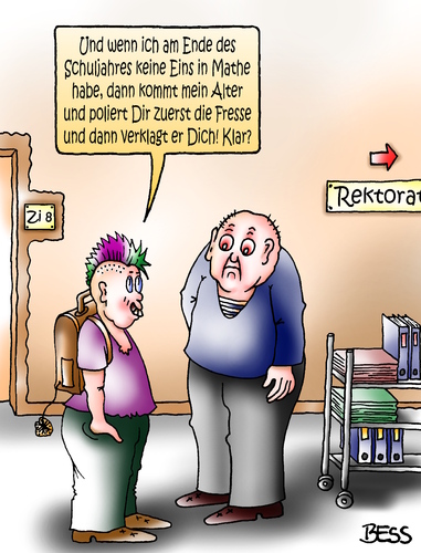 Cartoon: Klartext (medium) by besscartoon tagged schule,pädagogik,lehrer,noten,zeugnis,mathe,versetzung,konflikt,gewalt,pauker,schüler,hauptschule,realschule,gymnasium,bess,besscartoon