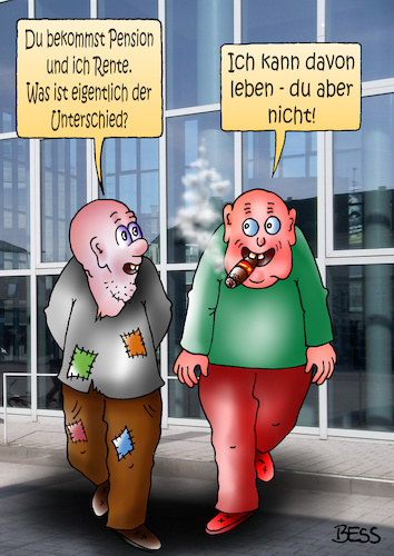 Cartoon: kleiner Unterschied (medium) by besscartoon tagged männer,ruhestand,rente,pension,arbeitswelt,arbeit,leben,arm,reich,bess,besscartoon