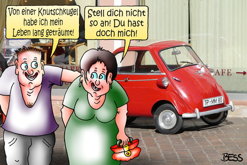 Cartoon: Knutschkugel (medium) by besscartoon tagged bmw,isetta,knutschkugel,auto,oldtimer,mann,frau,paar,liebe,ehe,alter,beziehung,bess,besscartoon