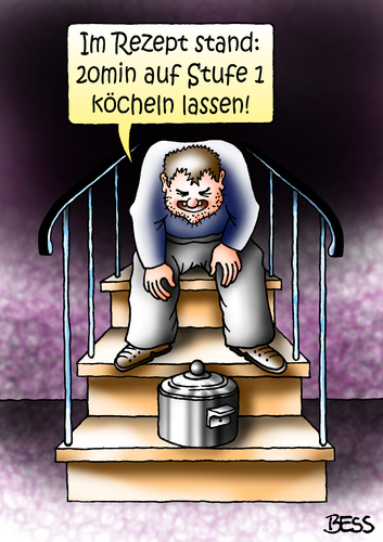 Cartoon: Koch-Profi (medium) by besscartoon tagged kochen,kochbuch,rezept,mann,stufe,topf,kochtopf,essen,bess,besscartoon