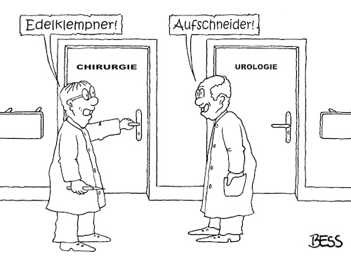 Cartoon: kollegial (medium) by besscartoon tagged medizin,urologie,chirurgie,edelklempner,klempner,aufschneider,kollegen,arzt,ärzte,krankenhaus,bess,besscartoon