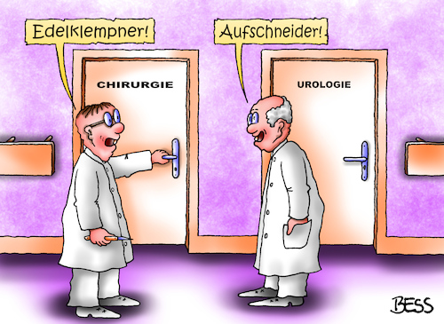 Cartoon: kollegial (medium) by besscartoon tagged medizin,urologie,chirurgie,edelklempner,klempner,aufschneider,kollegen,arzt,ärzte,krankenhaus,bess,besscartoon