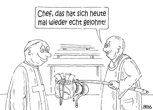 Cartoon: Kollekte (medium) by besscartoon tagged besscartoon,bess,katholisch,slip,bh,priester,pfarrer,geld,kollekte,religion,kirche