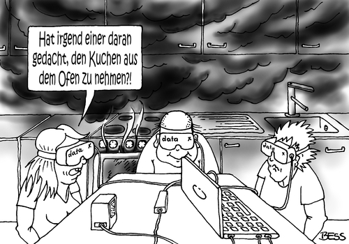 Cartoon: Kommunikationstöter (medium) by besscartoon tagged familie,mann,frau,kind,küche,computer,datenbrille,technik,kuchen,brand,rauch,bess,besscartoon