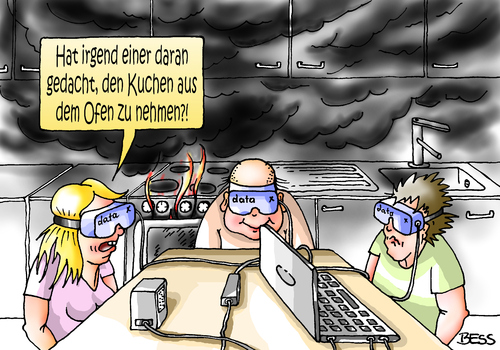 Cartoon: Kommunikationstöter (medium) by besscartoon tagged familie,mann,frau,kind,küche,computer,datenbrille,technik,kuchen,brand,rauch,bess,besscartoon