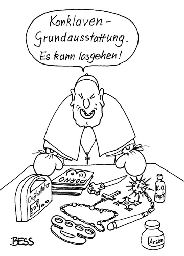 Cartoon: Konklaven Grundausstattung (medium) by besscartoon tagged besscartoon,bess,boxen,arsen,morgenstern,wurfstern,schlagring,porno,pornoheft,defibrillator,intrige,kreuz,vorstand,sohn,vater,kardinal,konklave,kapelle,sixtinische,papstwahl,vatikan,rom,katholisch,christentum,religion,kirche