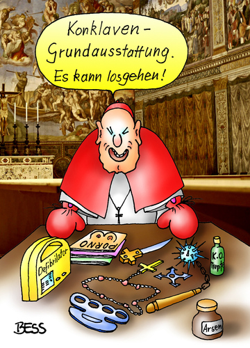 Cartoon: Konklaven Grundausstattung (medium) by besscartoon tagged besscartoon,bess,boxen,arsen,morgenstern,wurfstern,schlagring,porno,pornoheft,defibrillator,intrige,kreuz,vorstand,sohn,vater,kardinal,konklave,kapelle,sixtinische,papstwahl,vatikan,rom,katholisch,christentum,religion,kirche