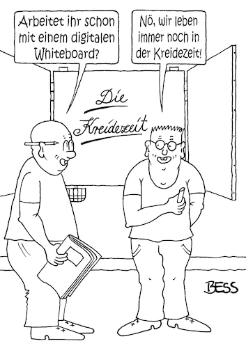 Cartoon: Kreidezeit (medium) by besscartoon tagged schule,pädagogik,lehrer,digitalisierung,gemeinschaftsschule,realschule,hauptschule,gymnasium,whiteboard,tafel,kreide,kreidezeit,bess,besscartoon