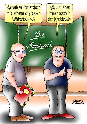 Cartoon: Kreidezeit (medium) by besscartoon tagged schule,pädagogik,lehrer,digitalisierung,gemeinschaftsschule,realschule,hauptschule,gymnasium,whiteboard,tafel,kreide,kreidezeit,bess,besscartoon