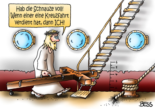 Cartoon: Kreuzfahrt (medium) by besscartoon tagged jesus,religion,christentum,kirche,katholisch,evangelisch,kreuz,kreuzfahrt,bess,besscartoon