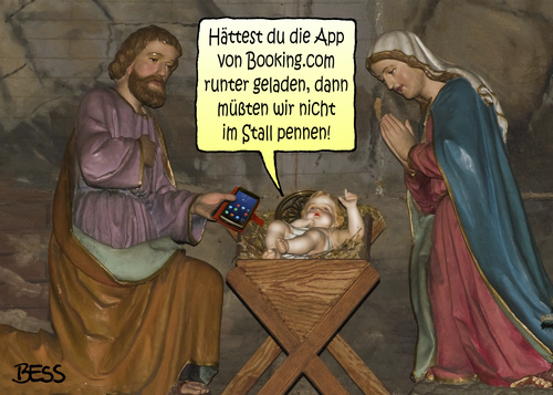 Cartoon: Krippendrama (medium) by besscartoon tagged stall,jesus,handy,smartphone,app,bookingcom,maria,josef,christkind,krippe,digitalisierung,pennen,weihnachten,fest,religion,christentum,bess,besscartoon