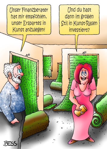 Cartoon: Kunst-Rasen (medium) by besscartoon tagged geld,finanzen,finanzberater,anlegen,kunst,rasen,euro,banken,zinsen,sparer,bess,besscartoon