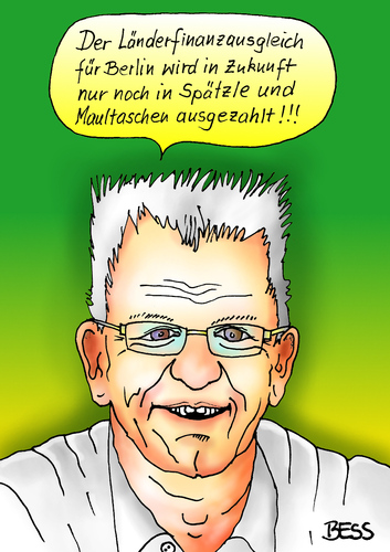 Cartoon: Länderfinanzausgleich (medium) by besscartoon tagged baden,württemberg,finanzen,finanzausgleich,winfried,kretschmann,grüne,geld,schwaben,spätzle,maultschen,bundesländer,berlin,armut,bess,besscartoon