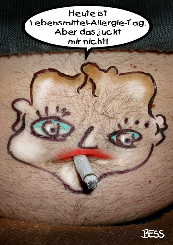 Cartoon: Lebensmittel-Allergie-Tag (medium) by besscartoon tagged besscartoon,bess,trinken,essen,tag,allergie,lebensmittel,rauchen,mann,bauch,krank,gesundheit