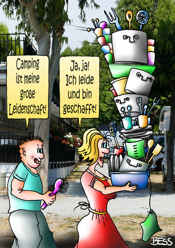 Cartoon: Leidenschaft (medium) by besscartoon tagged camping,leidenschaft,leiden,geschafft,mann,frau,paar,beziehung,spülen,urlaub,ferien,bess,besscartoon