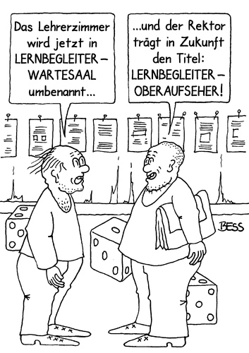 Cartoon: Lernbegleiter (medium) by besscartoon tagged besscartoon,bess,reform,schulreform,gemeinschaftsschule,gymnasium,werkrealschule,hauptschule,realschule,schüler,pauker,lehrer,lernen,erziehung,pädagogik,schule,lehrerzimmer,oberausseher,rektor,wartesaal,lernbegleiter