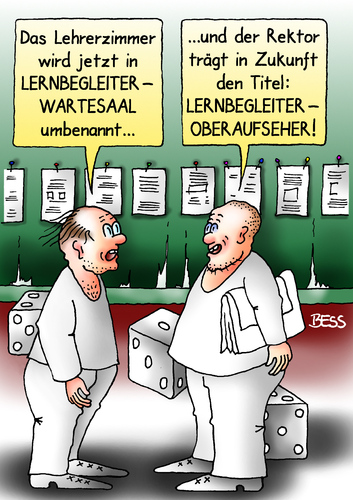 Cartoon: Lernbegleiter (medium) by besscartoon tagged pauker,lehrer,lernen,erziehung,pädagogik,schule,lehrerzimmer,oberausseher,rektor,wartesaal,lernbegleiter,gymnasium,werkrealschule,hauptschule,realschule,schüler,gemeinschaftsschule,schulreform,reform,bess,besscartoon