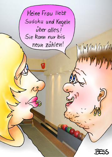 Cartoon: Matheschwäche (medium) by besscartoon tagged dyskalkulie,matheschwäche,mann,frau,paar,intelligenz,rechnen,zahlen,sudoku,kegeln,adam,riese,zählen,neun,bess,besscartoon