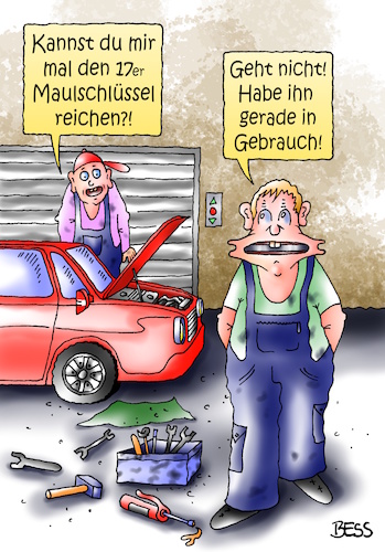 Cartoon: Maulschlüssel (medium) by besscartoon tagged arbeit,auto,automechaniker,maulschlüssel,bess,besscartoon