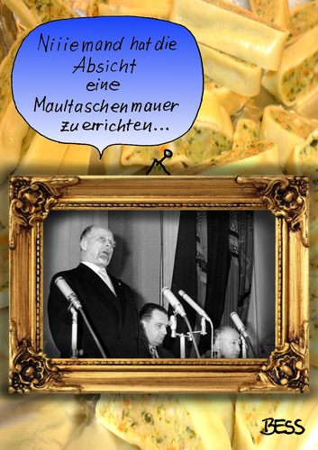 Cartoon: Maultaschenmauer (medium) by besscartoon tagged maultaschen,mauer,berlin,schwaben,walter,ulbricht,mauerbau,bess,besscartoon