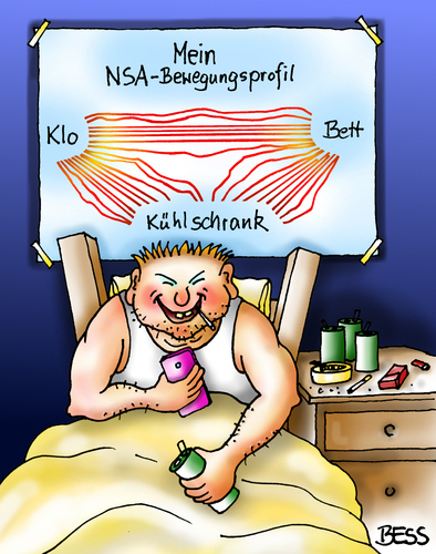 Cartoon: Mein NSA - Bewegungsprofil (medium) by besscartoon tagged snowden,nsa,usa,amerika,bewegungsprofil,geheimdienste,verrat,lauschangriff,prism,obama,handy,klo,wc,bett,kühlschrank,saufen,smartphone,daten,diebstahl,bess,besscartoon