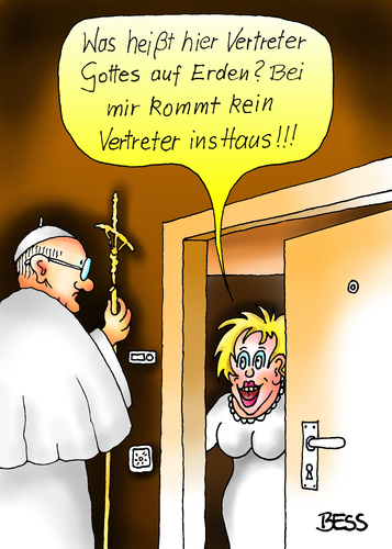 Cartoon: Mir kaufen nix (medium) by besscartoon tagged kirche,religion,katholisch,kurie,vatikan,christentum,vertreter,gott,papst,franziskus,hausbesuch,nachbarschaft,bess,besscartoon