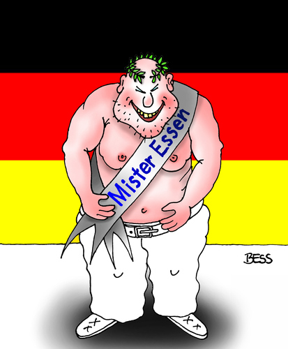 Cartoon: Mister Essen (medium) by besscartoon tagged mann,fett,dick,essen,stadt,mister,wahl,schönheit,fettleibig,bess,besscartoon