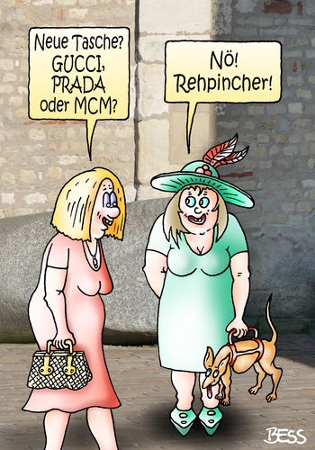 Cartoon: modebewußt (medium) by besscartoon tagged frauen,frau,tasche,handtasche,mode,design,gucci,prada,mcm,hund,rehpincher,bess,besscartoon