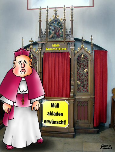 Cartoon: Müll-Sammelplatz (medium) by besscartoon tagged kirche,religion,beichten,beichtstuhl,pfarrer,müll,abfall,katholisch,bess,besscartoon