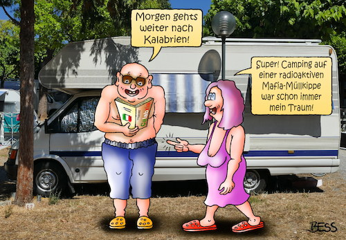 Cartoon: Mülltourismus (medium) by besscartoon tagged kalabrien,italien,müll,müllkippe,mafia,radioaktiv,urlaub,ferien,freizeit,wohnmobil,camping,touristen,tourismus,bess,besscartoon