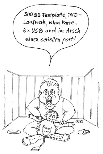 Cartoon: Na dann viel Spaß (medium) by besscartoon tagged kind,spiel,puppe,computer,kleinkind,hintern,po,usb,technik,wlan,bess,besscartoon