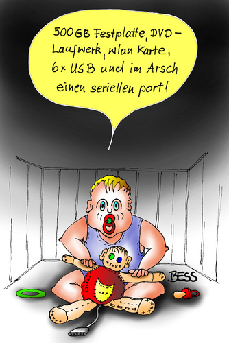 Cartoon: Na dann viel Spaß (medium) by besscartoon tagged kind,spiel,puppe,computer,kleinkind,hintern,po,usb,technik,wlan,bess,besscartoon