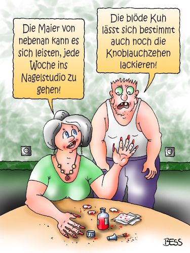 Cartoon: Nagelpflege (medium) by besscartoon tagged paar,ehe,beziehung,nagelstudio,nägel,lackieren,knoblauchzehen,arm,reich,blöde,kuh,bess,besscartoon