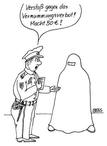 Cartoon: Neue Einnahmequelle (medium) by besscartoon tagged polizei,burka,vermummungsverbot,islam,religion,gesellschaft,bess,besscartoon
