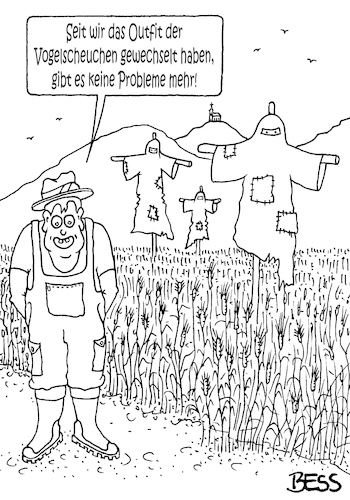 Cartoon: neues Outfit (medium) by besscartoon tagged bauer,landwirtschaft,vogelscheuche,burka,islam,integration,asyl,flüchtlinge,religion,toleranz,bess,besscartoon