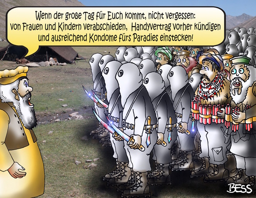 Cartoon: nicht vergessen (medium) by besscartoon tagged is,islam,salafismus,salafist,ultrakonservativ,koran,religion,terrorismus,taliban,gewalt,kondome,handyvertrag,terror,paradies,selbstmordattentäter,bess,besscartoon