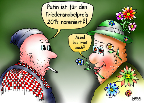 Cartoon: Nominierung 2014 (medium) by besscartoon tagged nobel,friedensnobelpreis,nobelpreis,spaltung,assad,putin,russland,ukraine,krise,krim,nominierung,nominiert,frieden,macht,panzer,gewalt,terror,krieg,besscartoon,bess,machtausübung