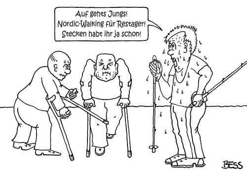 Cartoon: Nordic Walking für Restager (medium) by besscartoon tagged männer,nordic,walking,alter,krücken,sport,fitness,bess,besscartoon