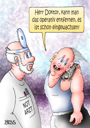 Cartoon: Notfall (medium) by besscartoon tagged arzt,doktor,patient,medizin,handy,smartphone,sucht,operation,eingewachsen,technik,bess,besscartoon