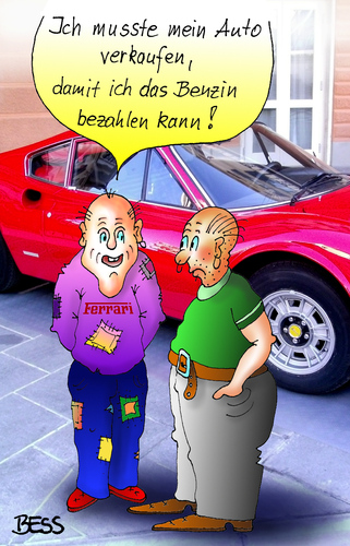 Cartoon: Notverkauf (medium) by besscartoon tagged krise,geld,euro,benzin,benzinpreis,auto,not,arm,armut,verarmung,teuerung,ferrari,bess,besscartoon