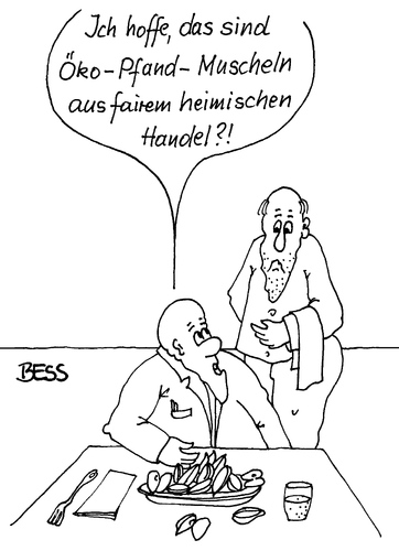 Cartoon: Öko-Pfand-Muscheln (medium) by besscartoon tagged restaurant,essen,öko,pfand,muscheln,kellner,ober,fairer,handel,bess,besscartoon