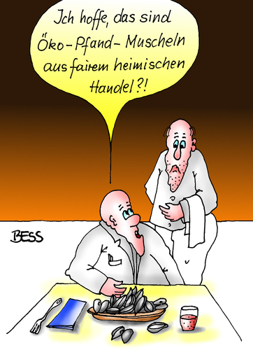 Cartoon: Öko-Pfand-Muscheln (medium) by besscartoon tagged restaurant,essen,öko,pfand,muscheln,kellner,ober,fairer,handel,bess,besscartoon