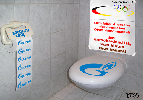 Cartoon: Offizieller Ausrüster (medium) by besscartoon tagged besscartoon,bess,olympia,ausrüster,gazprom,sport,winterolympiade,sotschi,sochi,wintersport,rußland,klopapier,toilette,klo,wc,putin