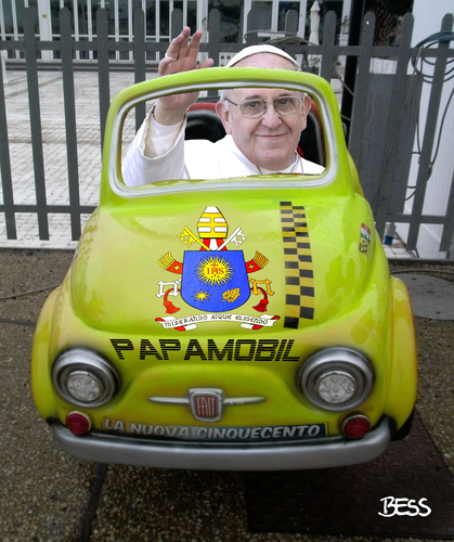 Cartoon: Papamobil (medium) by besscartoon tagged religion,kirche,christentum,papst,kurie,papamobil,franziskus,francesco,vatikan,rom,italien,auto,spielzeug,fiat,500,cinquecento,bess,besscartoon