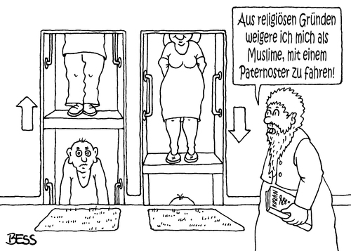 Cartoon: Paternoster (medium) by besscartoon tagged islam,koran,religion,paternoster,christentum,muslime,katholisch,kirche,bess,besscartoon