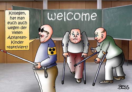 Cartoon: Pauker-Reaktivierung (medium) by besscartoon tagged schule,asylanten,syrien,deutschunterricht,unterricht,rente,pension,welcome,vorbereitungsklassen,reaktiviert,pädagogik,lehrer,pauker,lernen,grundschule,hauptschule,realschule,werkrealschule,schüler,gemeinschaftsschule,gymnasium,bess,besscartoon